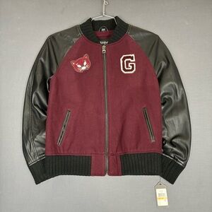 GUESS Wool Blend Leather Bomber Jacket Cat Patch Women’s Size Small Maroon Black